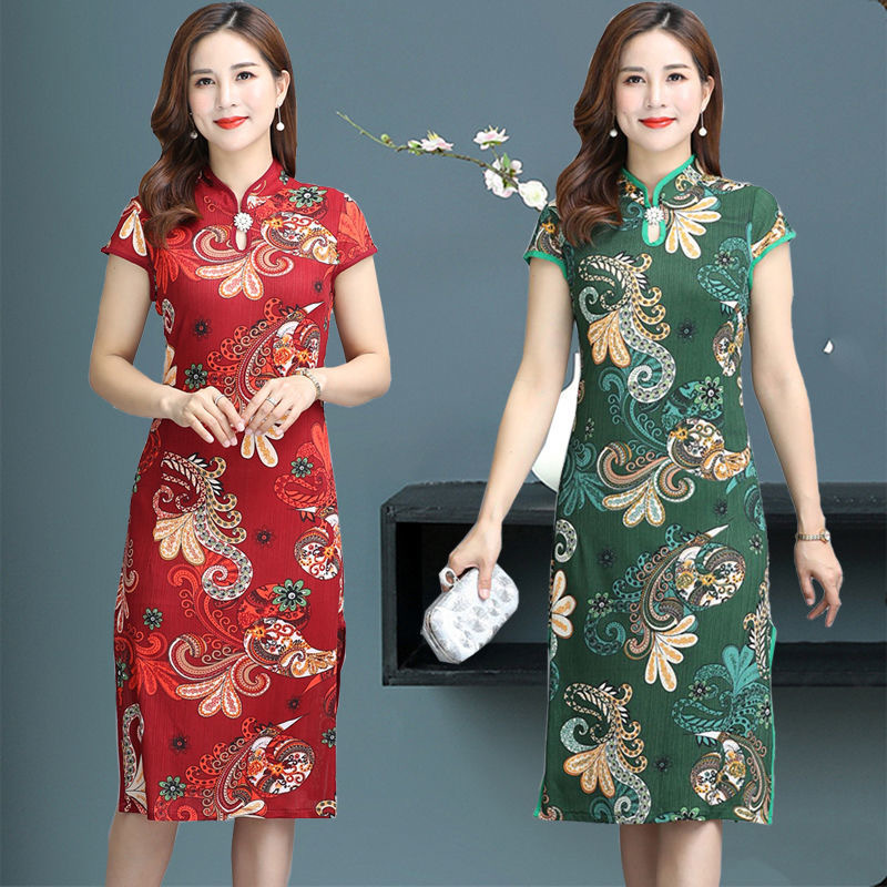 Women's Summer Cheongsam Dress Short Sleeve Slimming Floral Midi