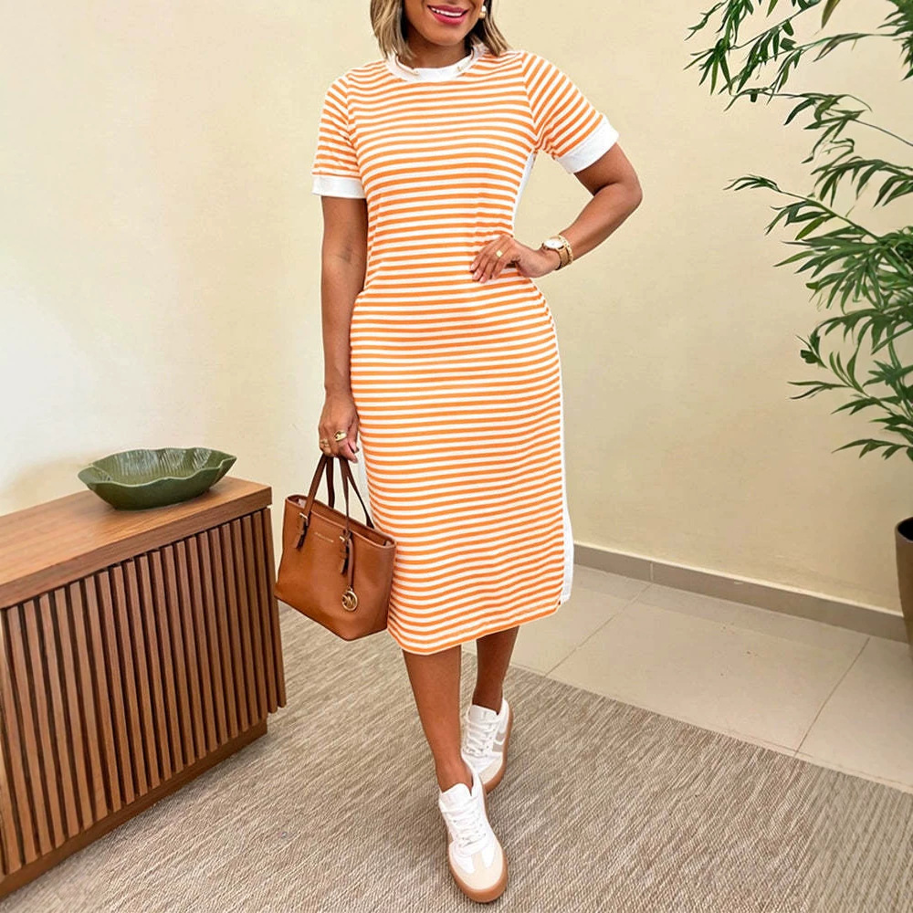 Women's Striped Round Neck Slit Casual Dress