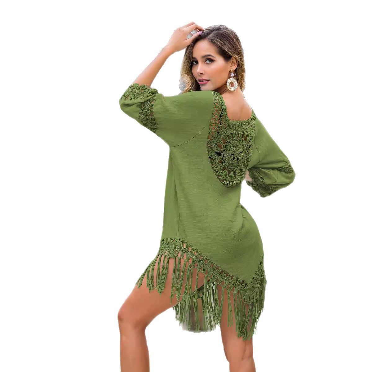 Women's Solid Color Hand-Crochet Fringe Loose Beach Cover-Up