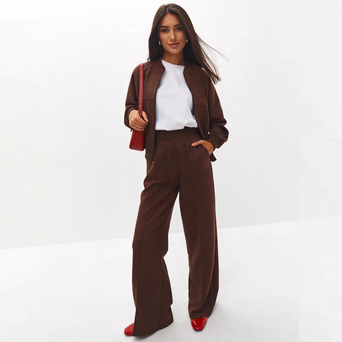 Women's Velvet Two-Piece Set with Zip Cardigan and Elastic Wide-Leg Pants