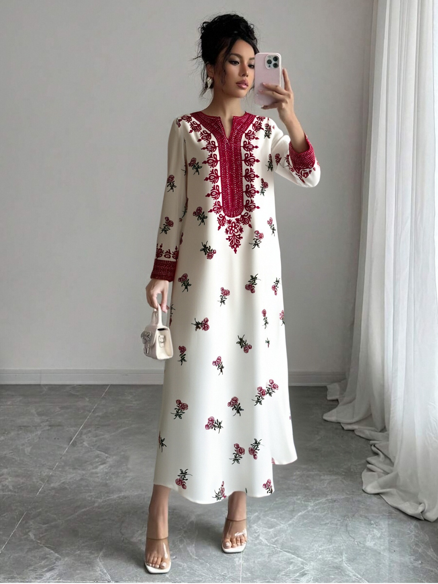 High-Saturation Colorblock Print Long Dress Loose Flattering A-Line V-Neck