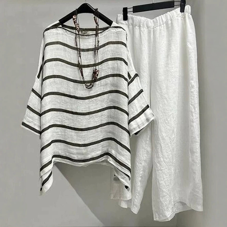 Striped Round Neck Five-Sleeve T-Shirt and Pants Set Women