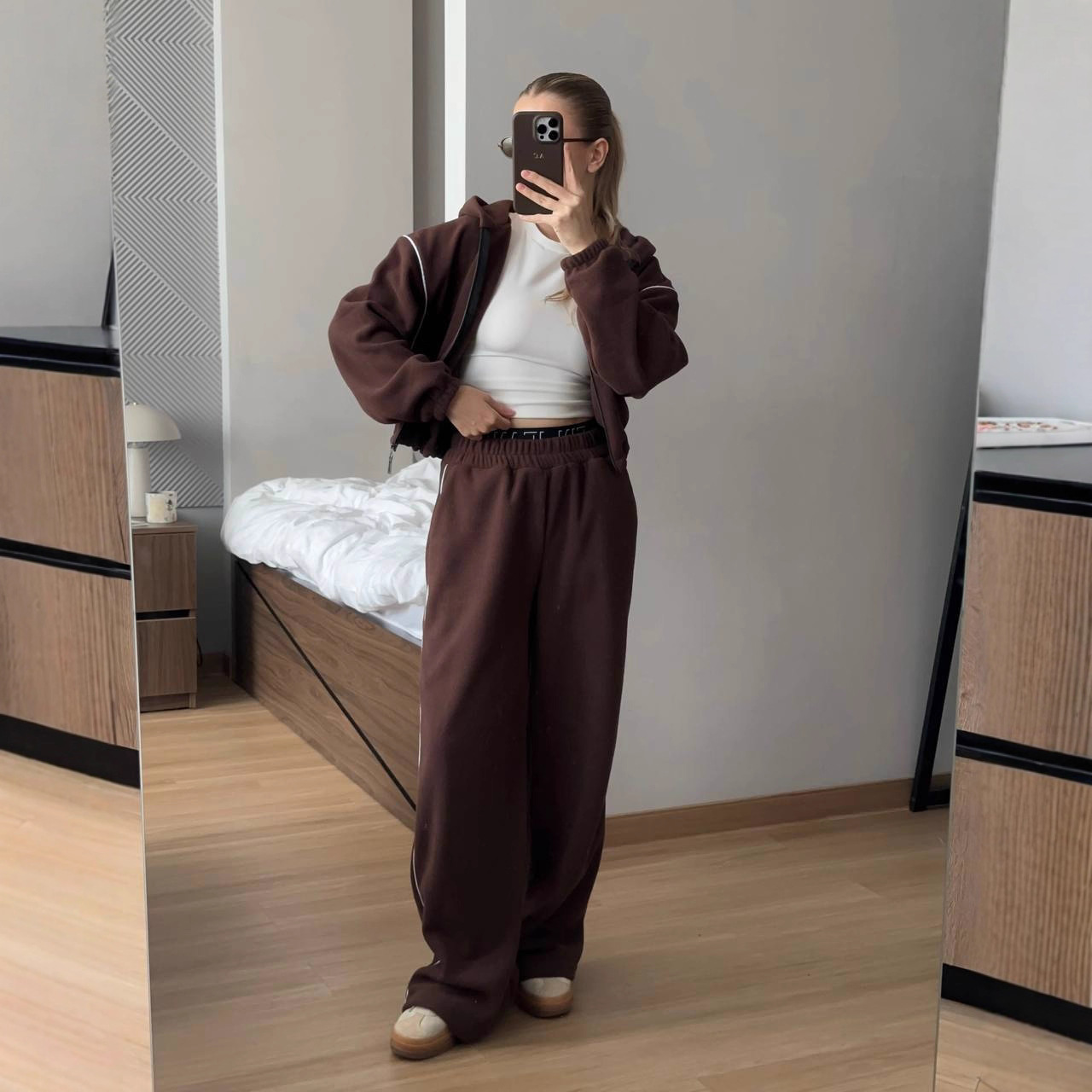 Women's Fleece Two-Piece Set with Long Sleeve Cardigan Jacket and Elastic Waist Pants