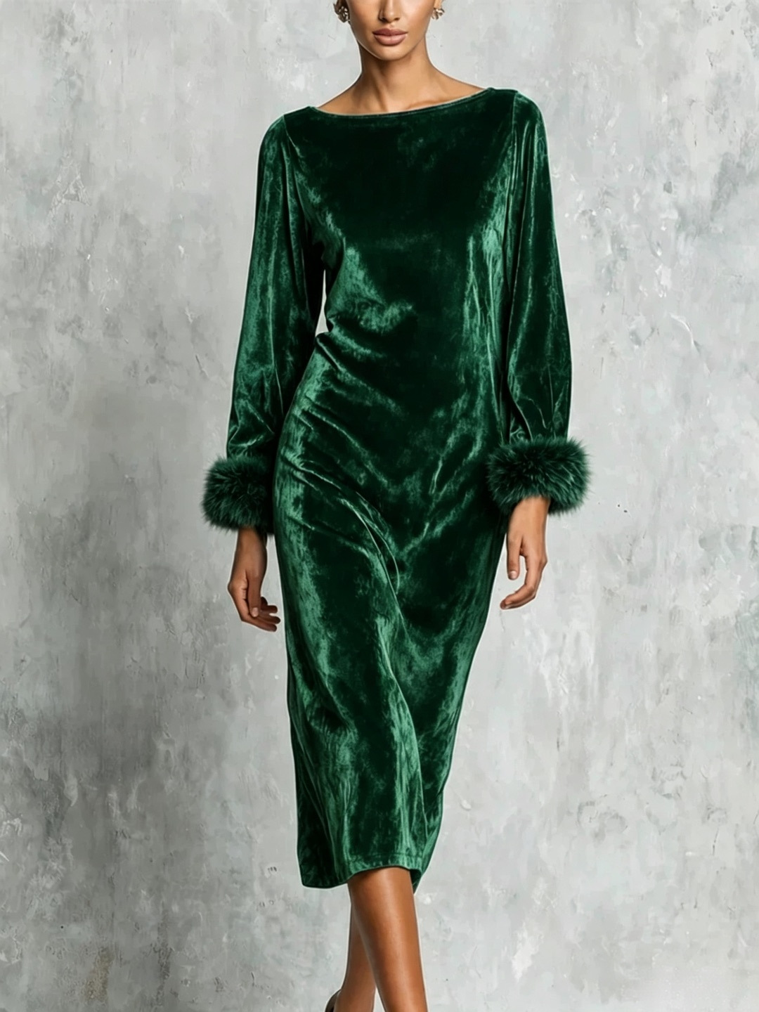 Women's Off-Shoulder Long Sleeve Faux Fur Cuff Long Dress