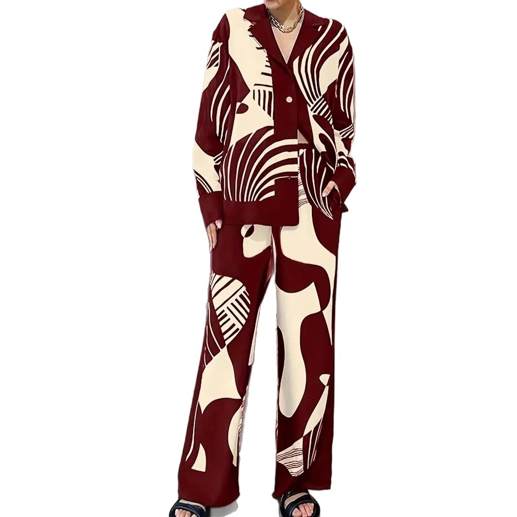 Women's Casual Elegant Printed Vintage Pattern Long Sleeve Shirt and Pants Two-Piece Set