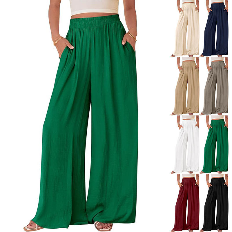 Women's Wide-Leg Casual Pants Solid Color Loose High-Waist Straight with Pockets