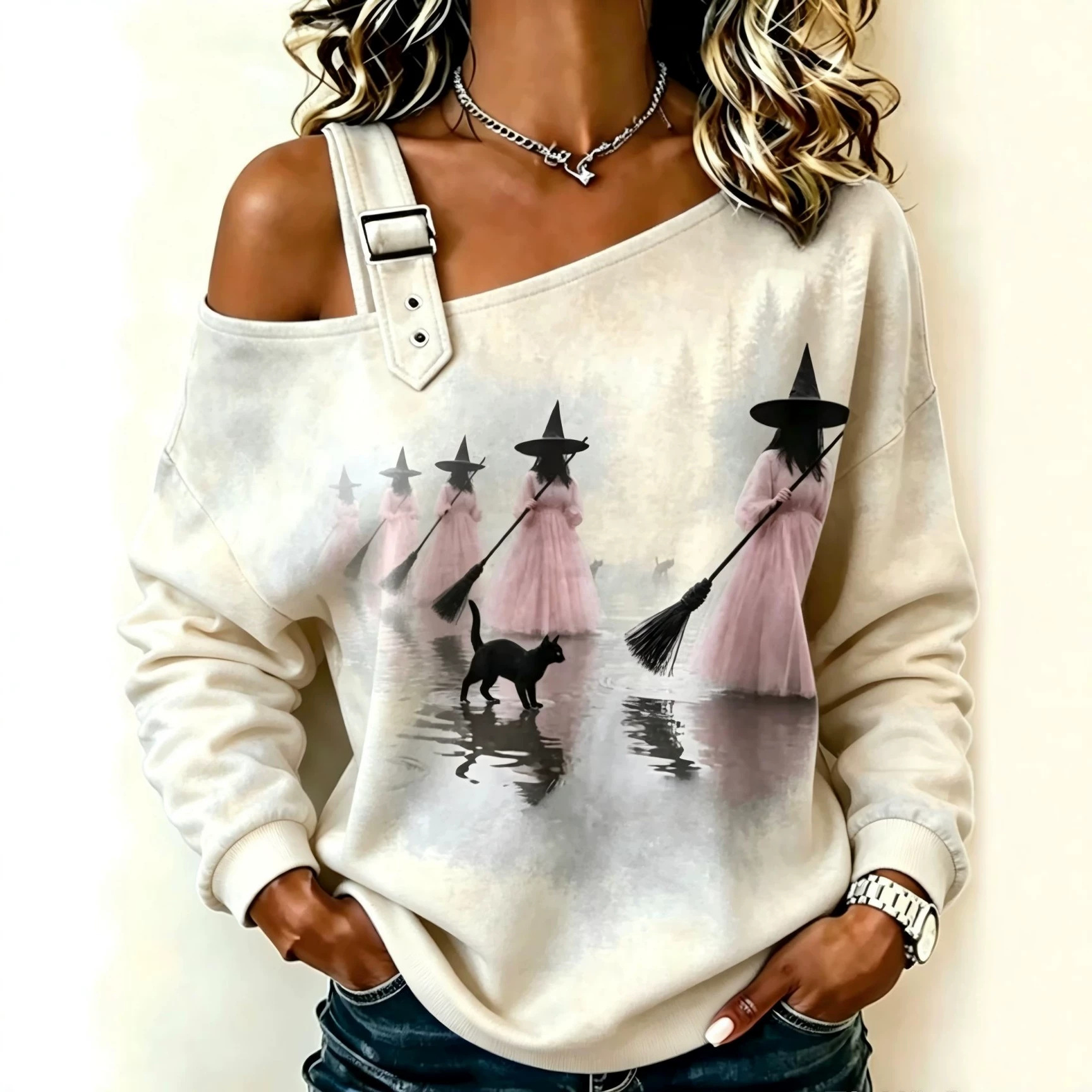 Halloween Witch Cat Print Crewneck Long-Sleeve Lace-Up Sweatshirt