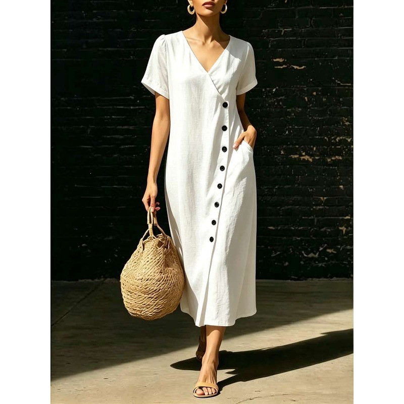 Women's V-Neck Button A-Line Midi Dress with Puff Sleeves