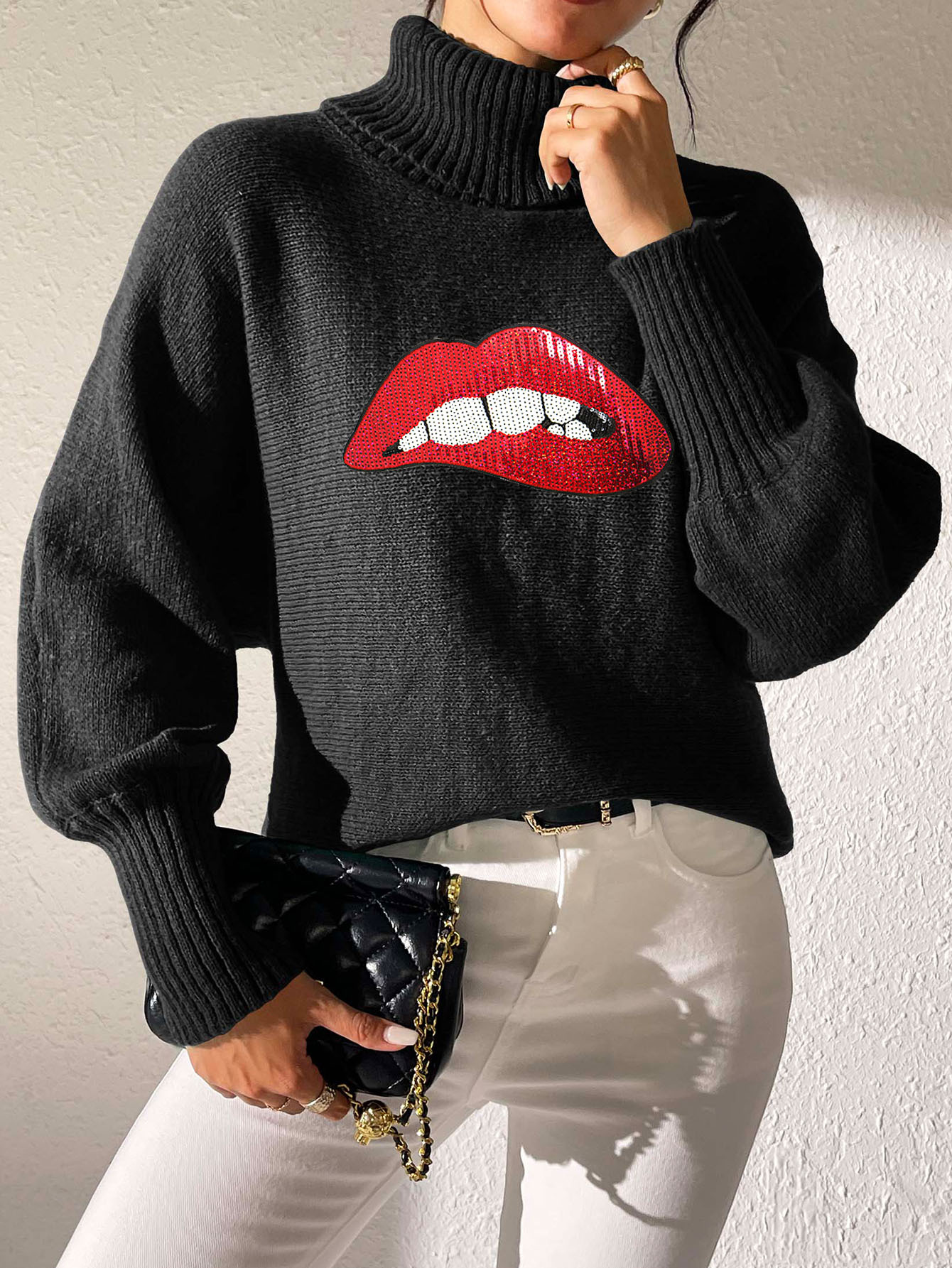 Women's Sequin Embroidered Cartoon Lips Turtleneck Pullover Sweater