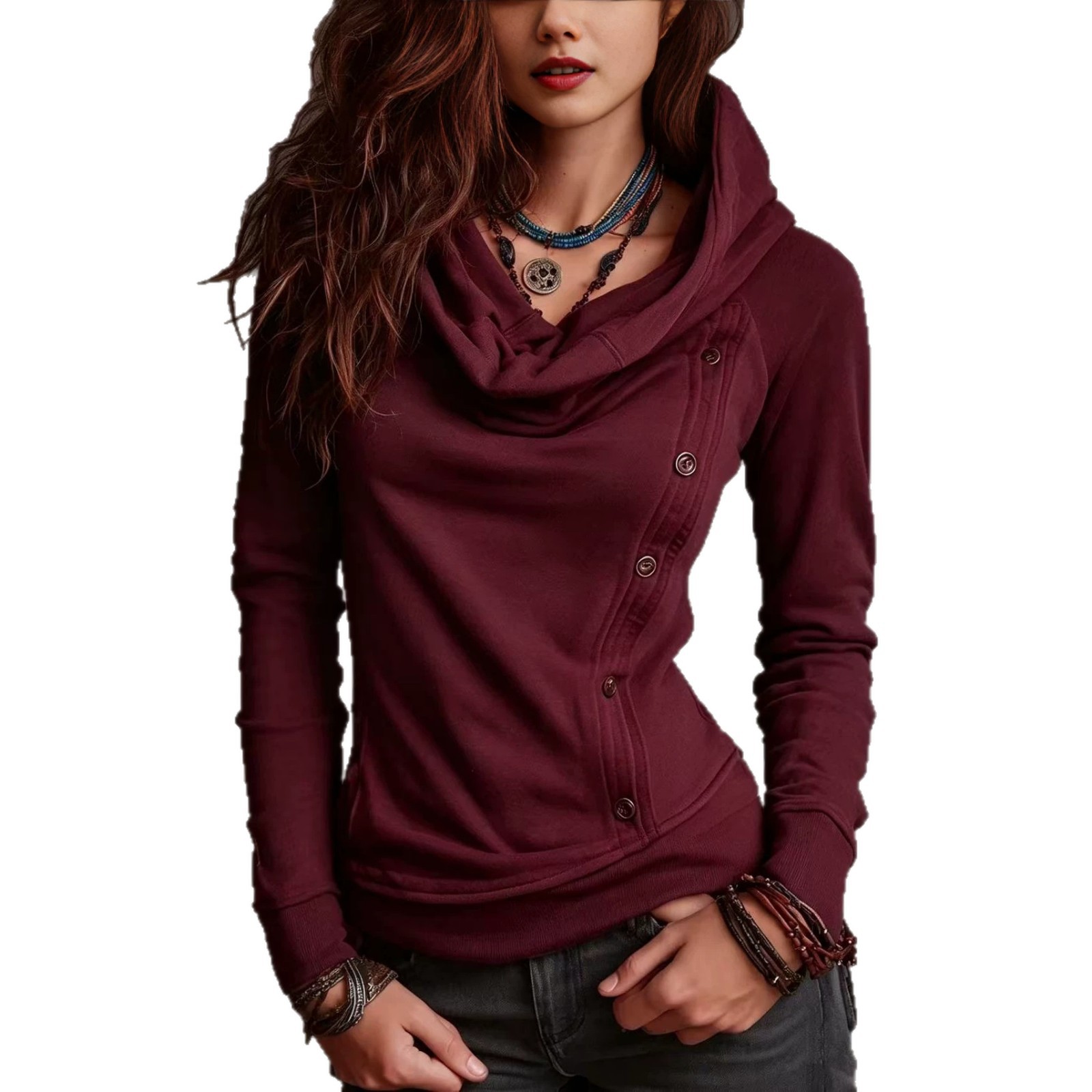 Retro High Neck Hooded Button Pullover Sweatshirt for Women
