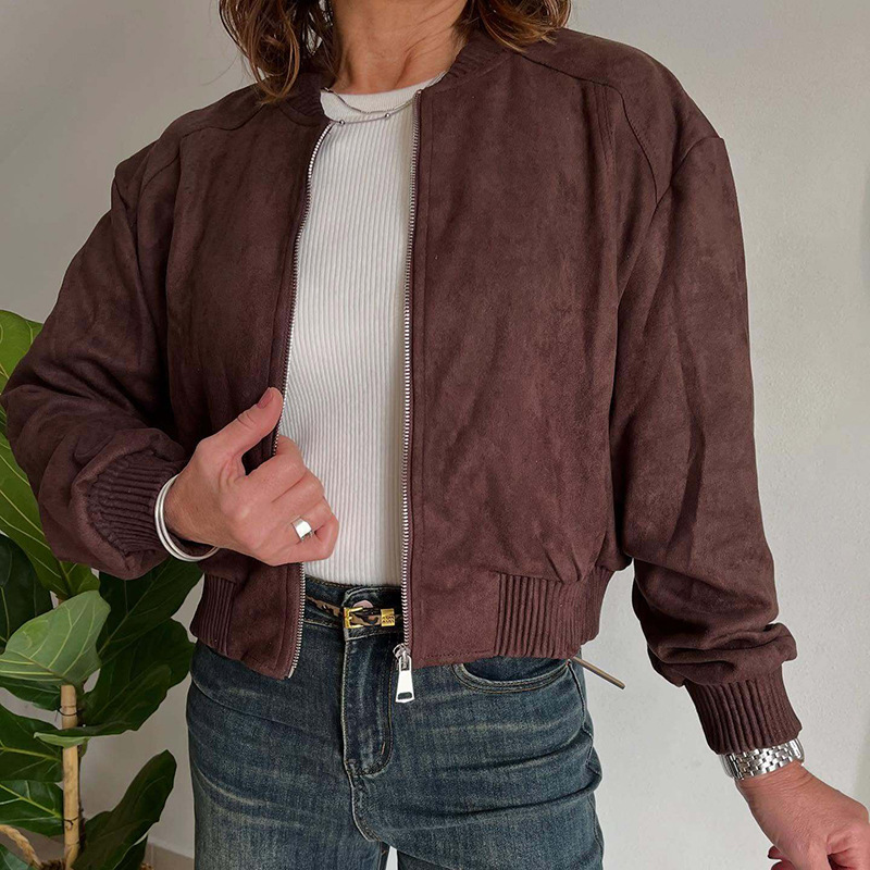 Women's Faux Suede Zip-Up Jacket Solid Color Casual Coat