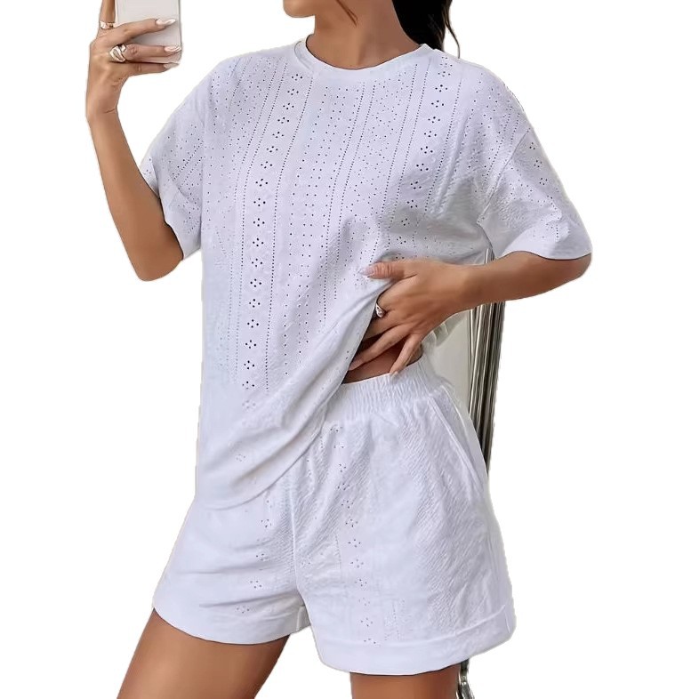 Women's Solid Color Hollow Out Short Sleeve Tee and Shorts Set
