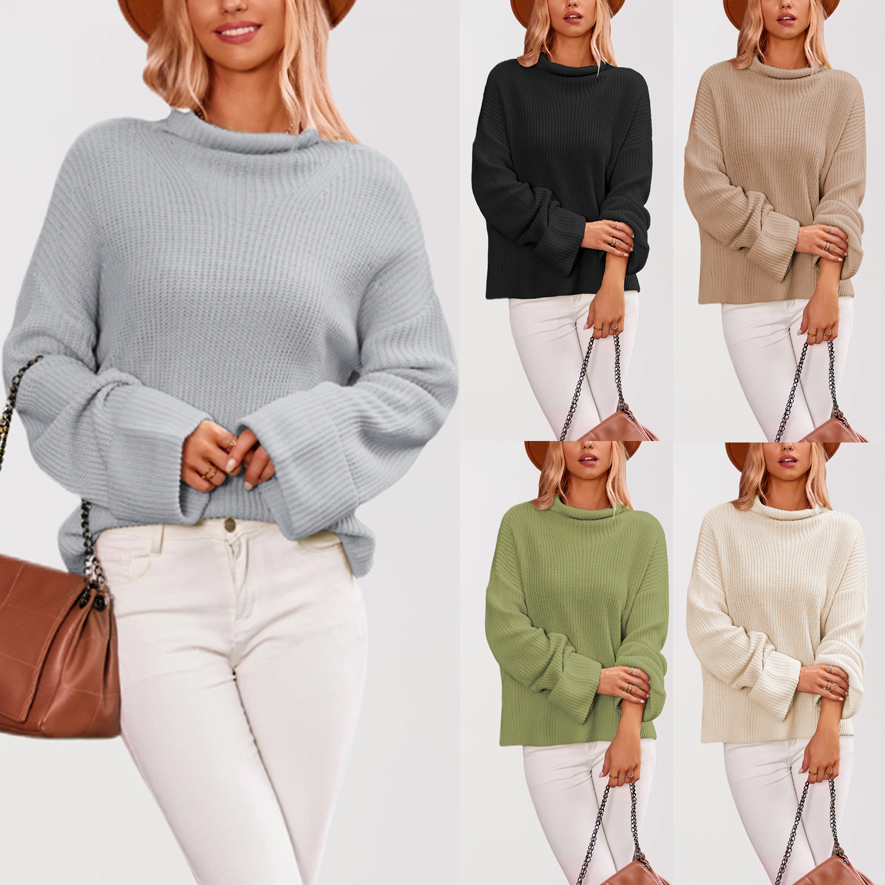 Women's Turtleneck Knit Sweater with Split Hem and Bell Sleeves