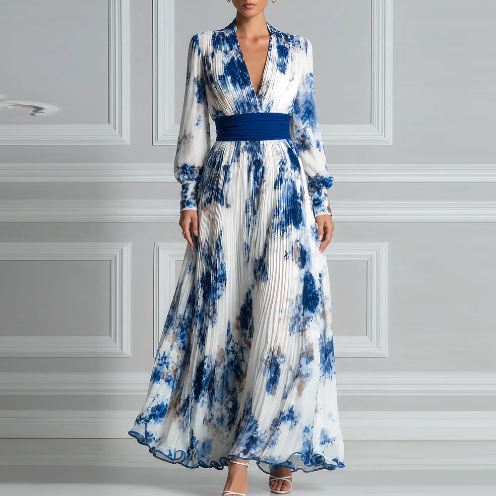 Women's Long Sleeve Floral Print V-Neck Midi Dress