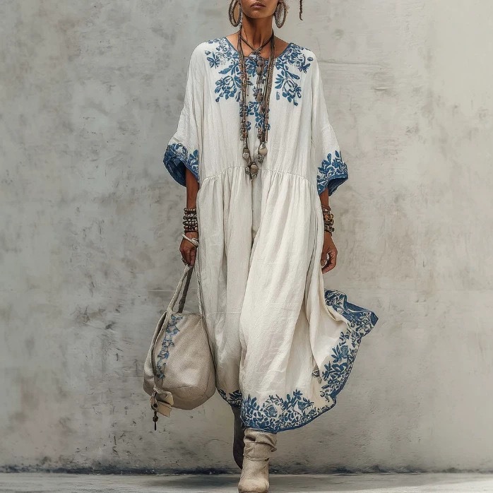 Women's Loose Fit Floral Print Round Neck Midi Dress