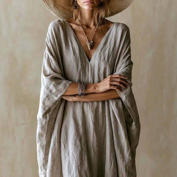 Lazy Linen V-Neck Batwing Sleeve Maxi Dress Loose Flowy Vacation