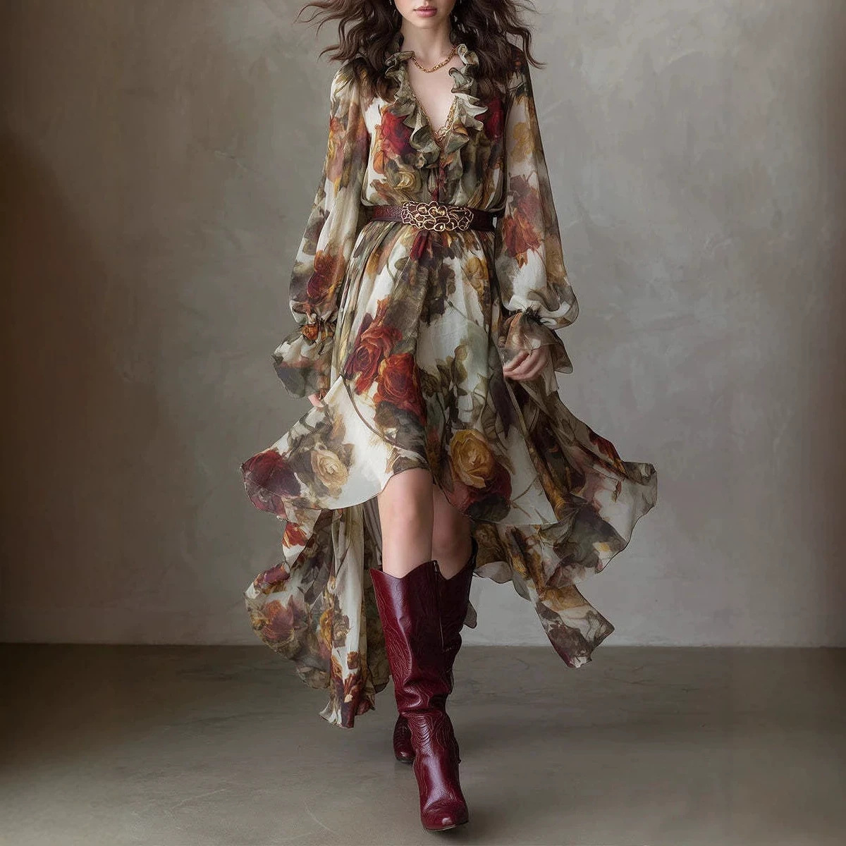 Vintage Oil Painting Rose Print Ruffled V-Neck Long Sleeve Waist-Cinching Asymmetric Chiffon Maxi Dress with