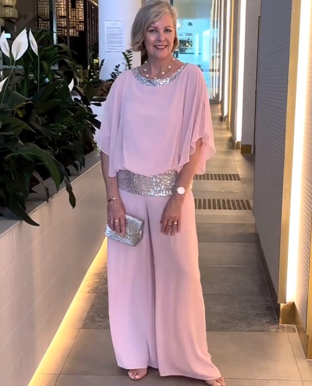 Solid Color Sequin Colorblock Batwing Sleeve Top and Wide-Leg Pants Set