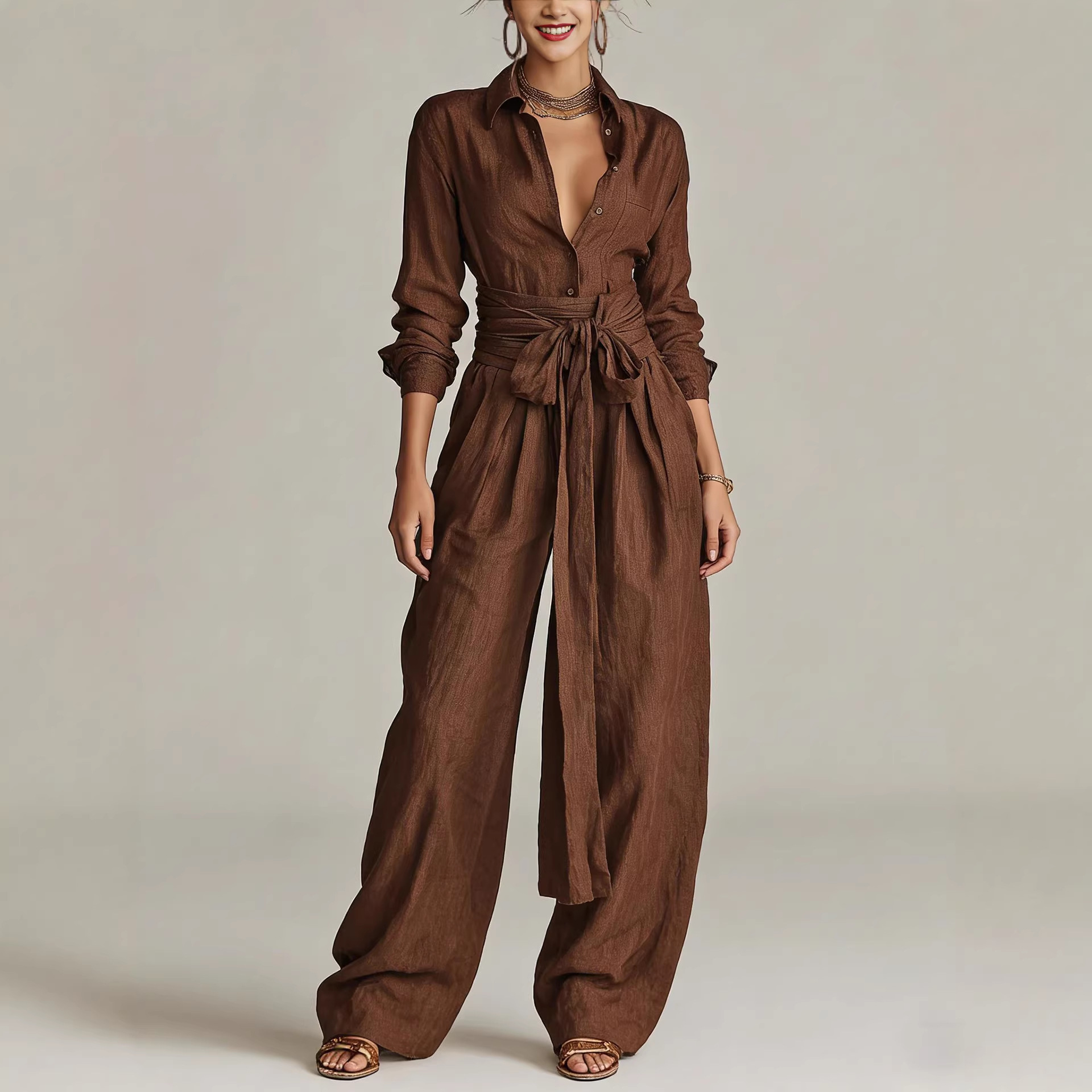 Women's Solid Color Collared Top and High-Waist Pants Two-Piece Set