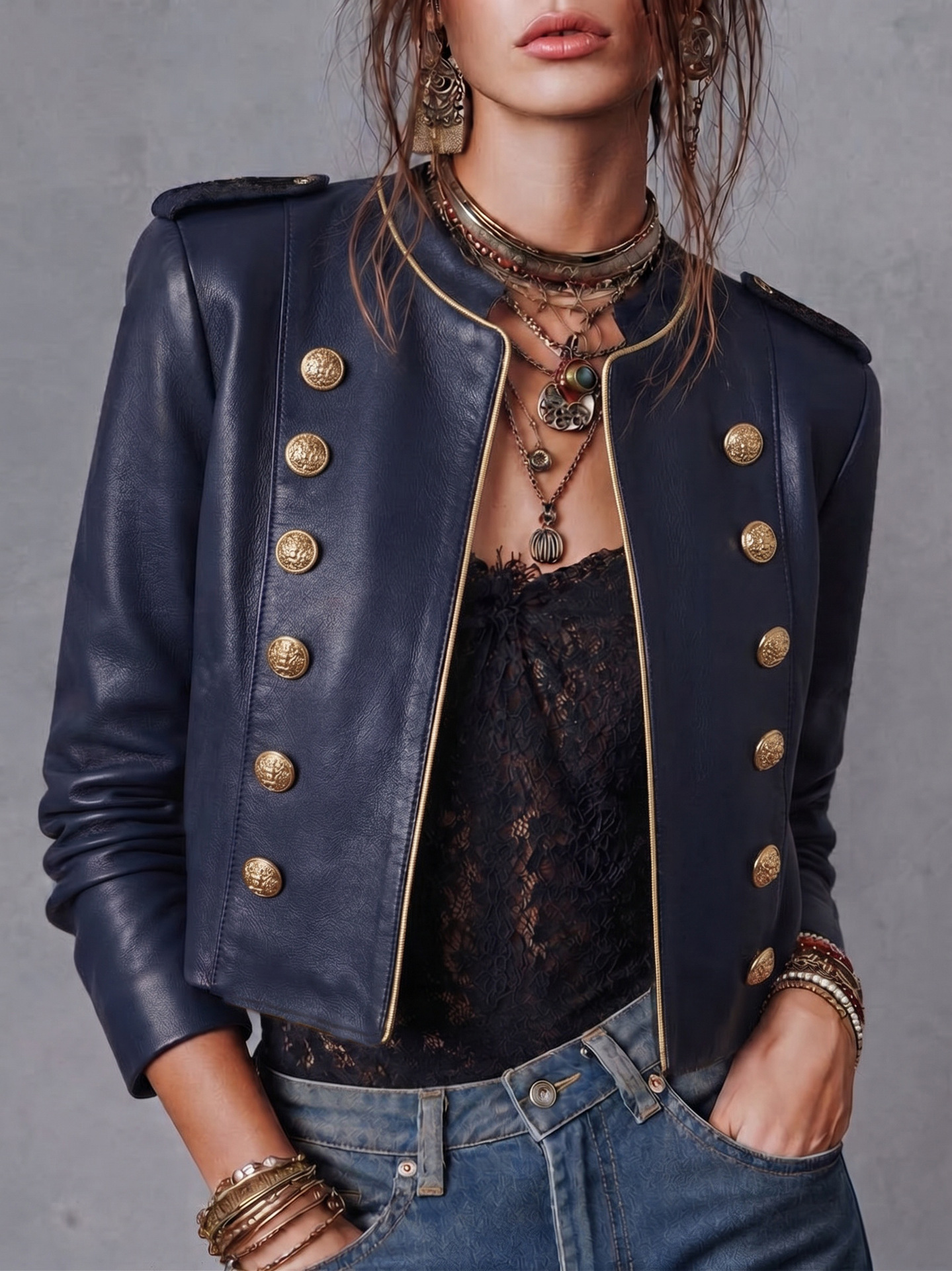 Vintage Court-Style Napoleon Double-Breasted PU Leather Cropped Jacket