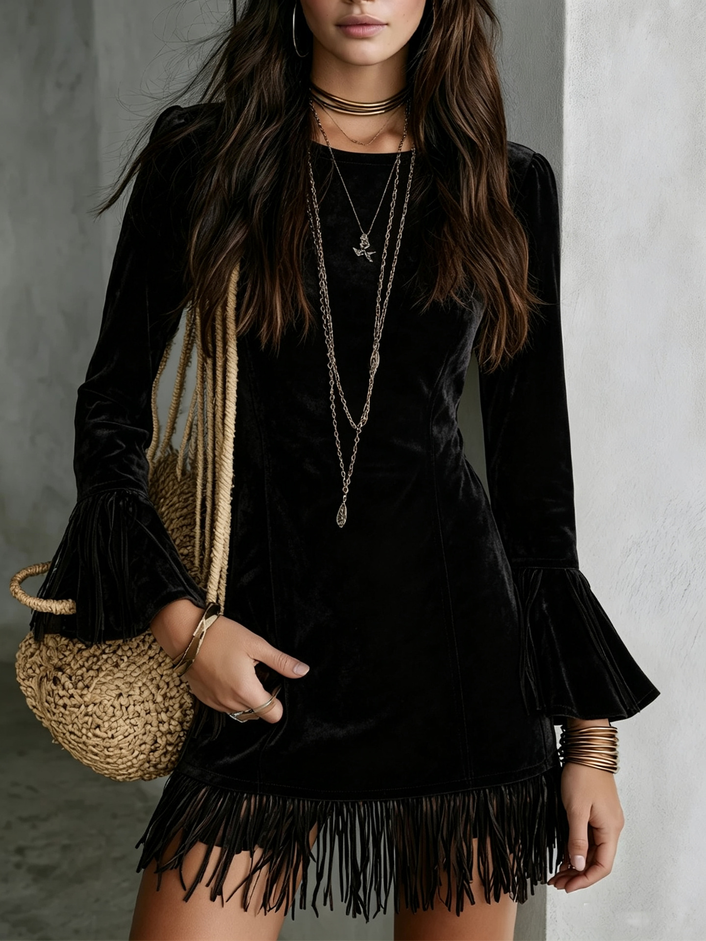 Faux Suede Fringe Slim Fit Long Sleeve Dress