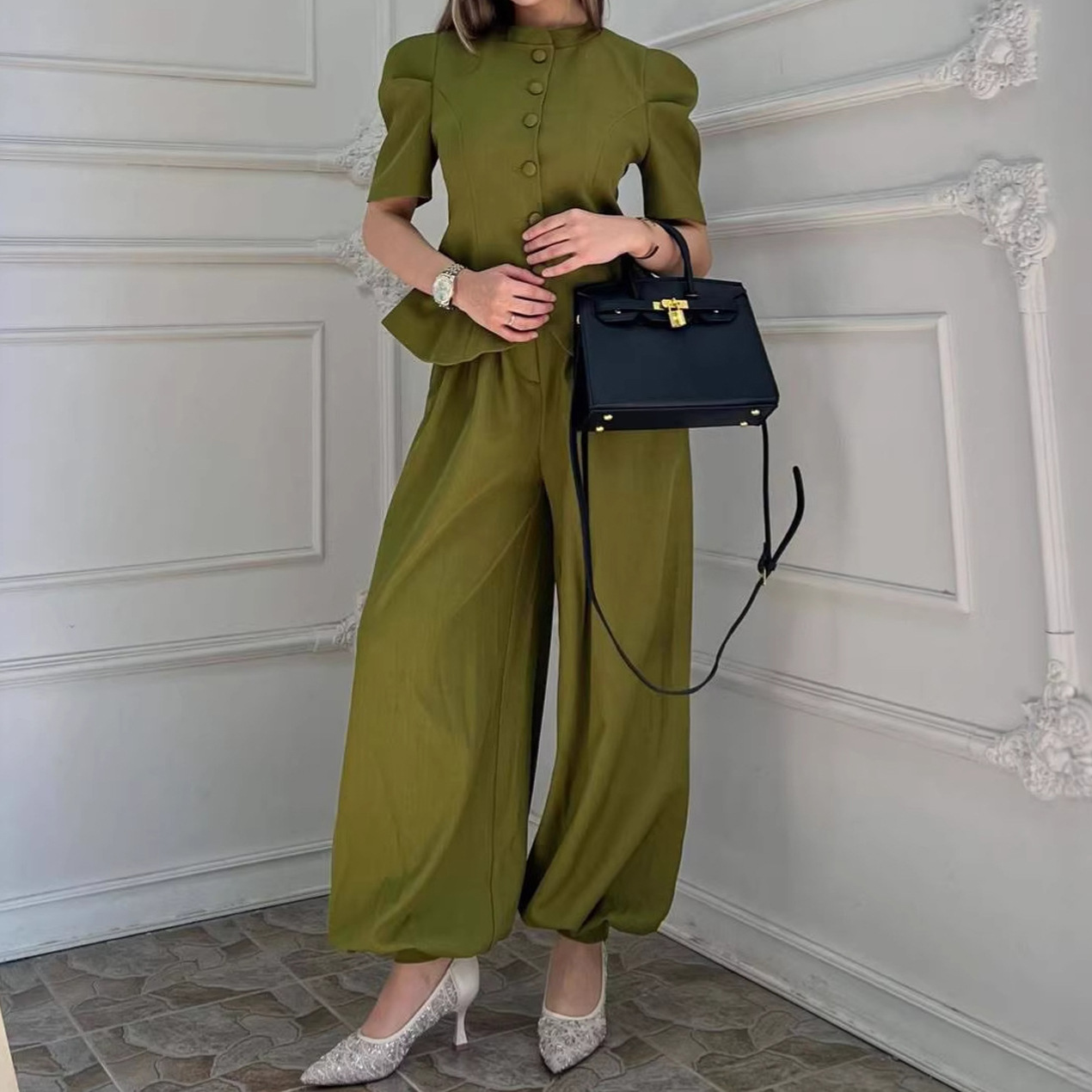 Women's Casual Solid Short Sleeve Top and Pants Two-Piece Set