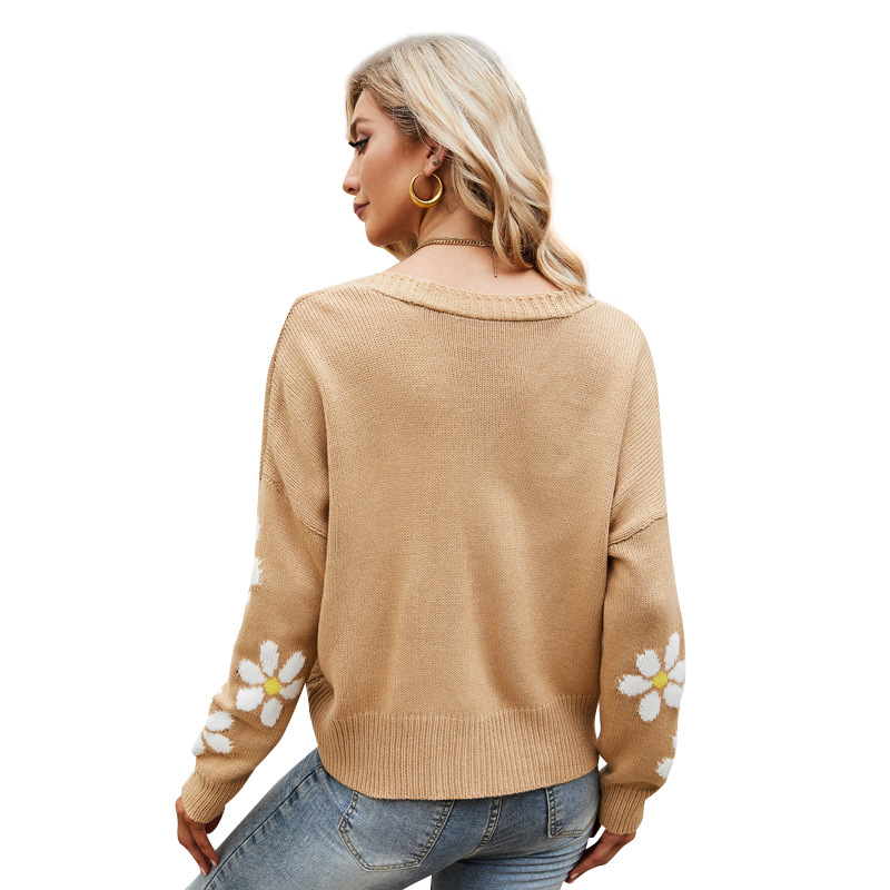 Women's Floral Knit Cardigan Loose Preppy V-Neck