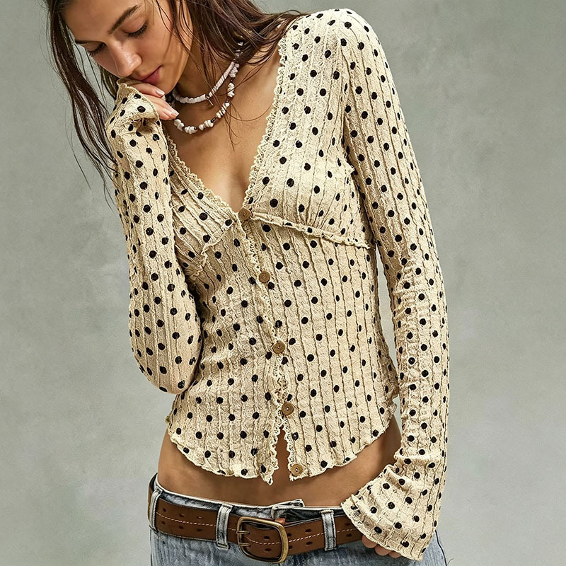 Polka Dot V-Neck Ruffle Lace Cropped Cardigan Knit Top