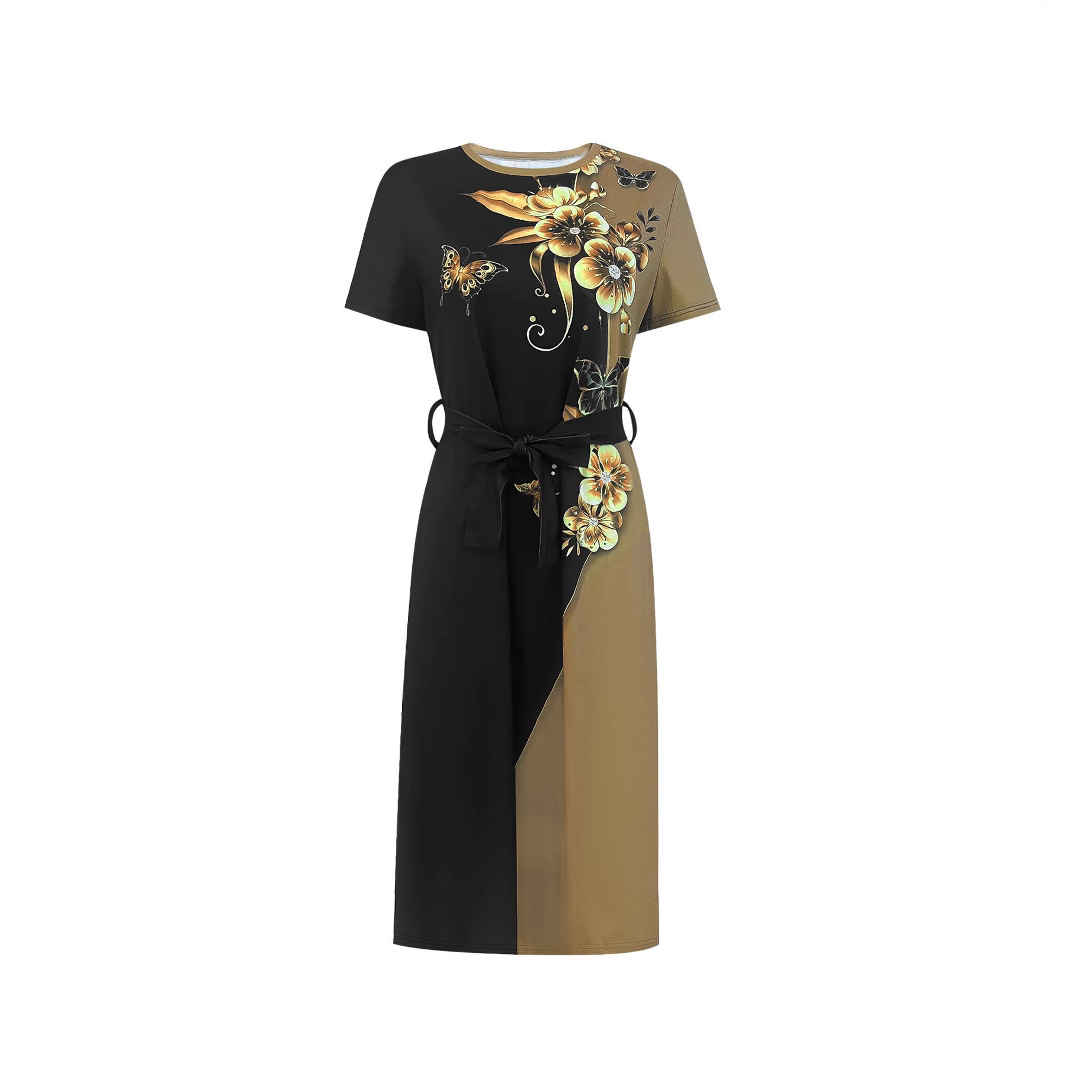 Women's Belted Short Sleeve Round Neck Floral Print Dress
