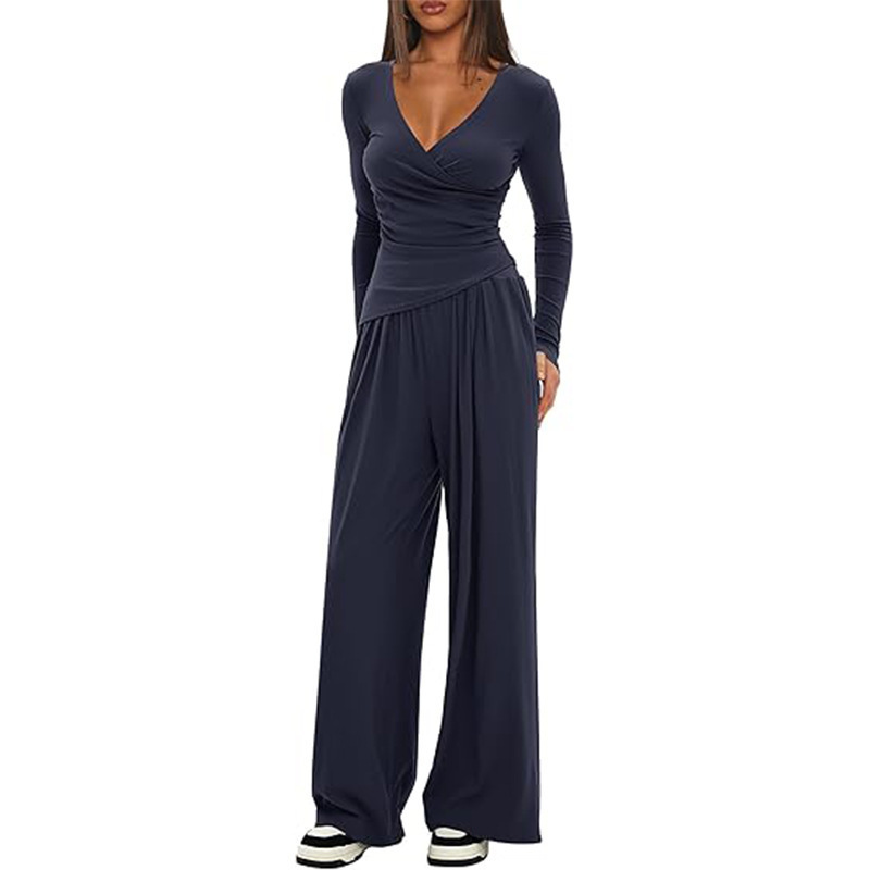 Solid Color 2-Piece V-Neck Long Sleeve Wide Leg Pants Lounge Set