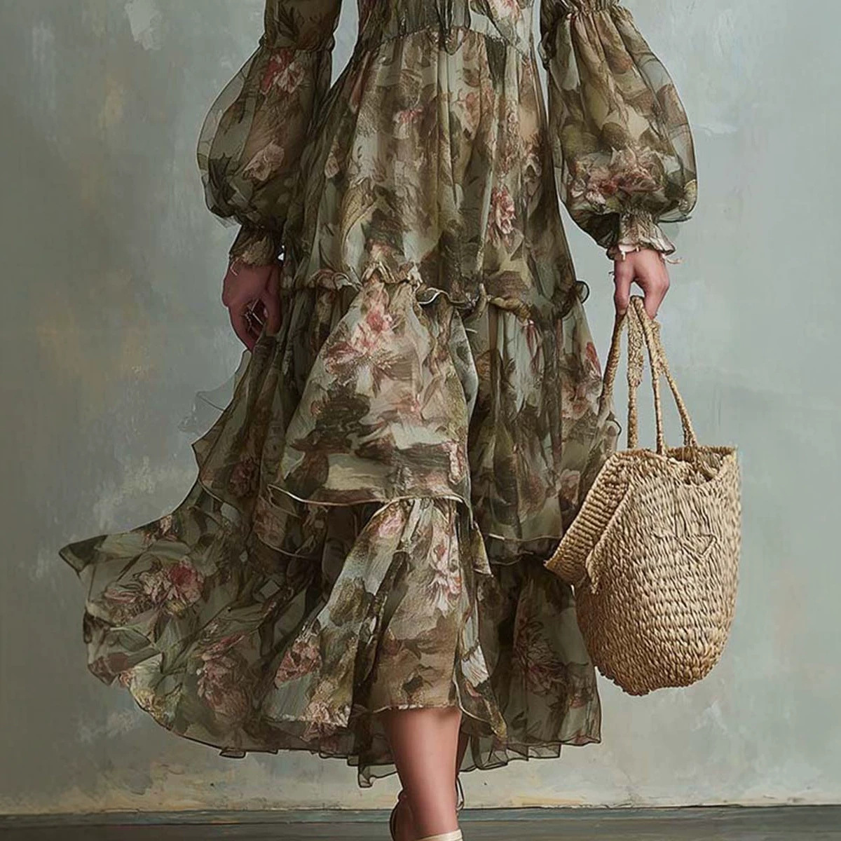 Vintage Green Floral Print Deep V-Neck Drawstring Bubble Sleeve Tiered Maxi Dress