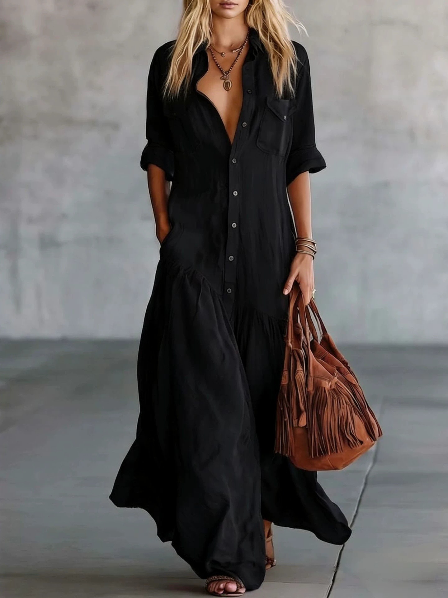 Women's Button-Front Short-Sleeve Solid Shirt Dress Casual Vacation Long Dress