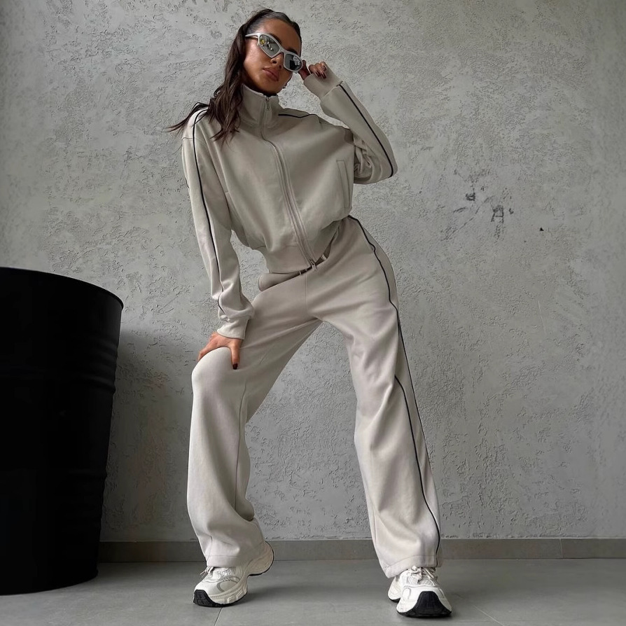 Women's Casual Two-Piece Set Long Sleeve Half-Turtleneck Cardigan Sweatshirt and Striped Drawstring Pants