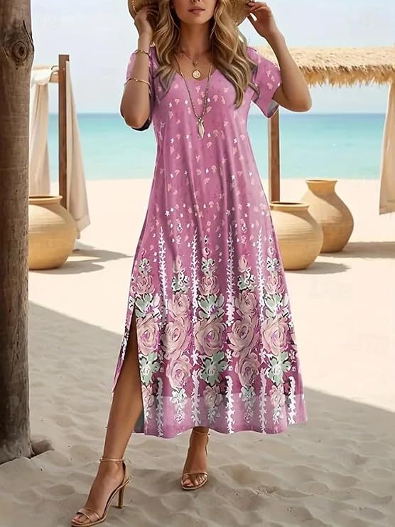 Women's Floral Plaid Ruched Midi Dress Sleeveless Crew Neck