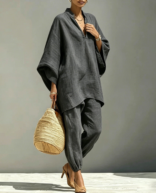 Women's Casual Batwing Sleeve V-Neck Loose Two-Piece Set