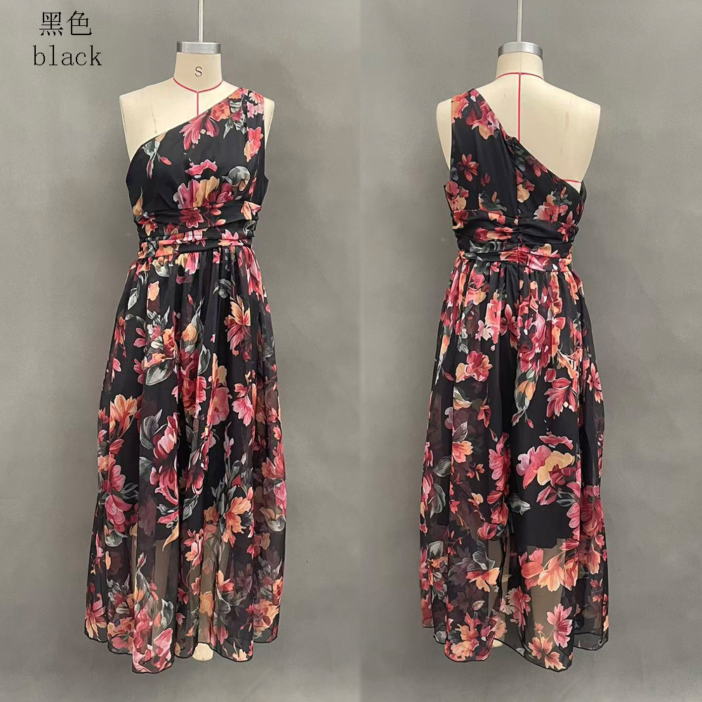 Digital Print One-Shoulder Sleeveless A-Line Midi Dress