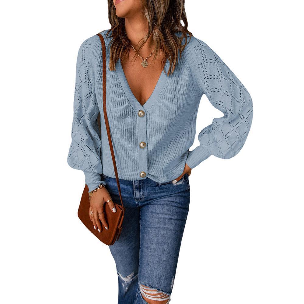 Women's Solid Quilted Puff Sleeve Knit Cardigan Loose Single-Breasted Open-Front Sweater
