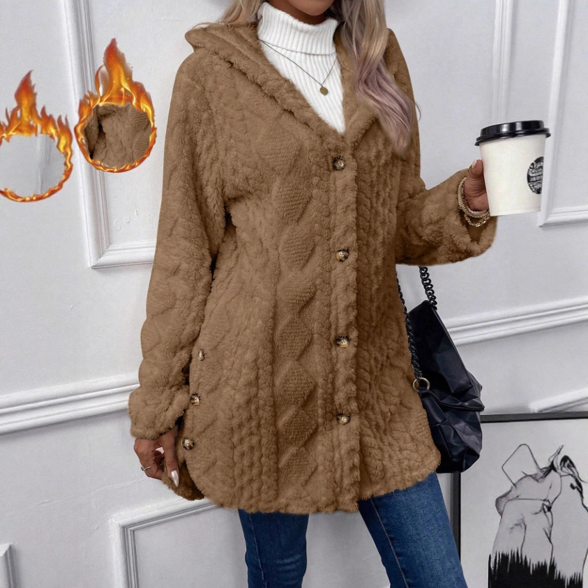 Women's Hooded Double-Sided Fleece Cardigan Long Sleeve Casual Warm Jacket