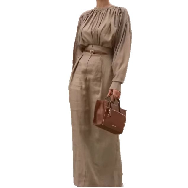 French-Style Long Sleeve Solid Shirt and Long Skirt Set
