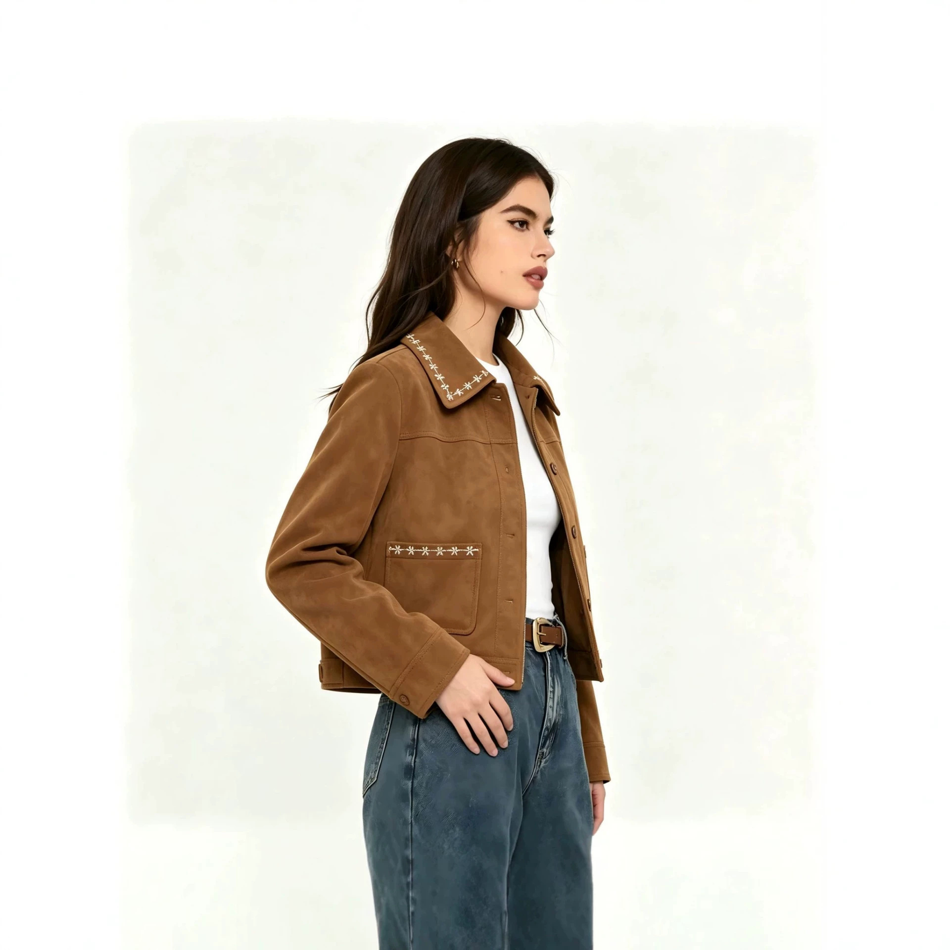 Western Embroidered Faux Suede Cropped Jacket for Women
