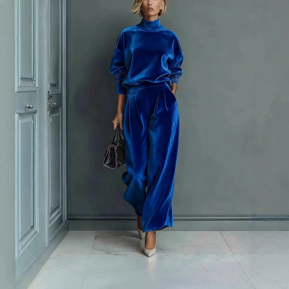 Women's Velvet Two-Piece Lounge Set – Long Sleeve Turtleneck & Wide-Leg Pants