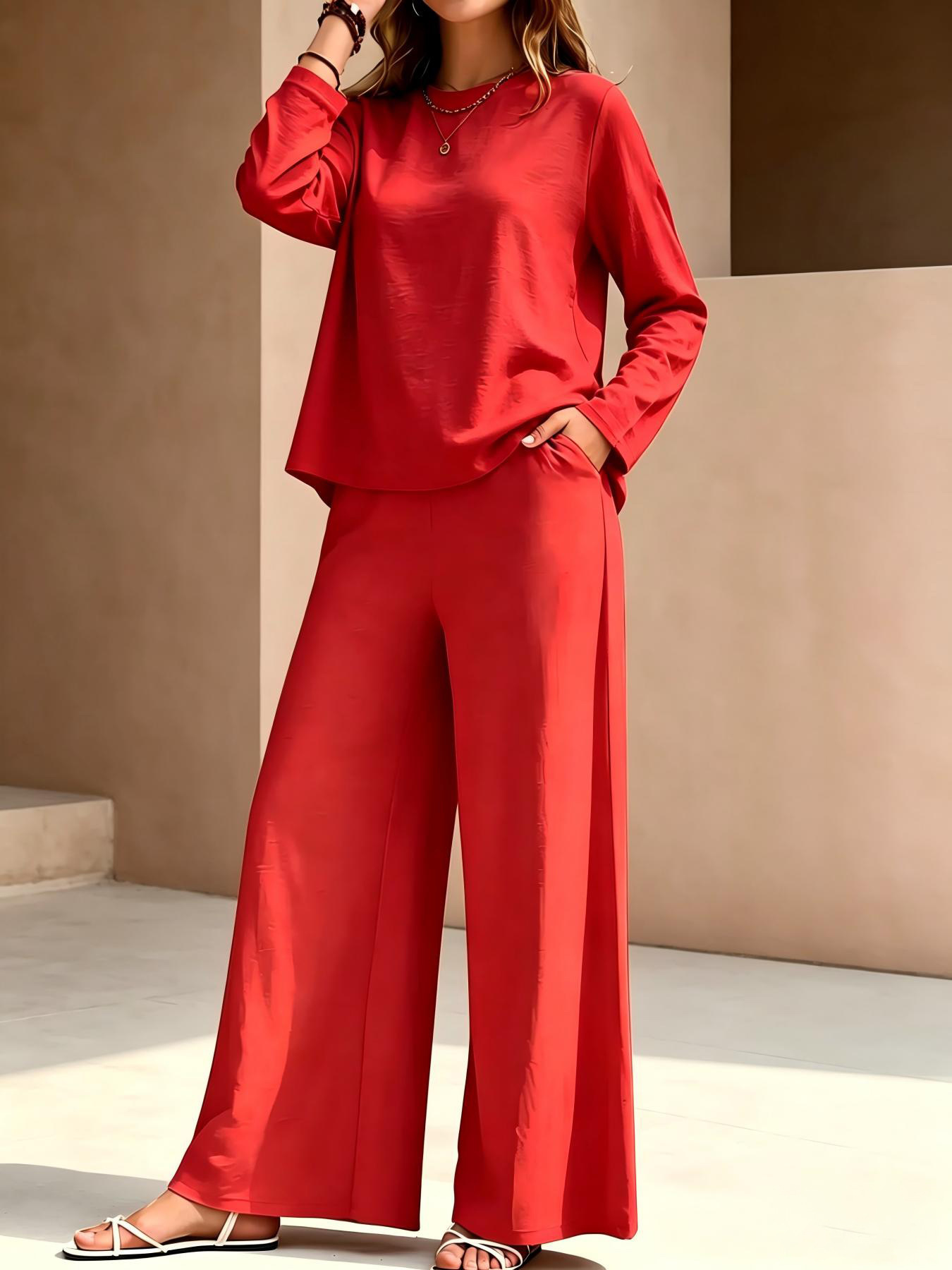 Women's Two-Piece Set Crewneck Long-Sleeve Top & Wide-Leg Pants Solid Color Casual