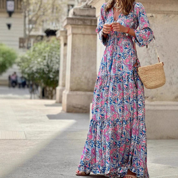 Women's V-Neck Long Sleeve Bohemian Maxi Dress