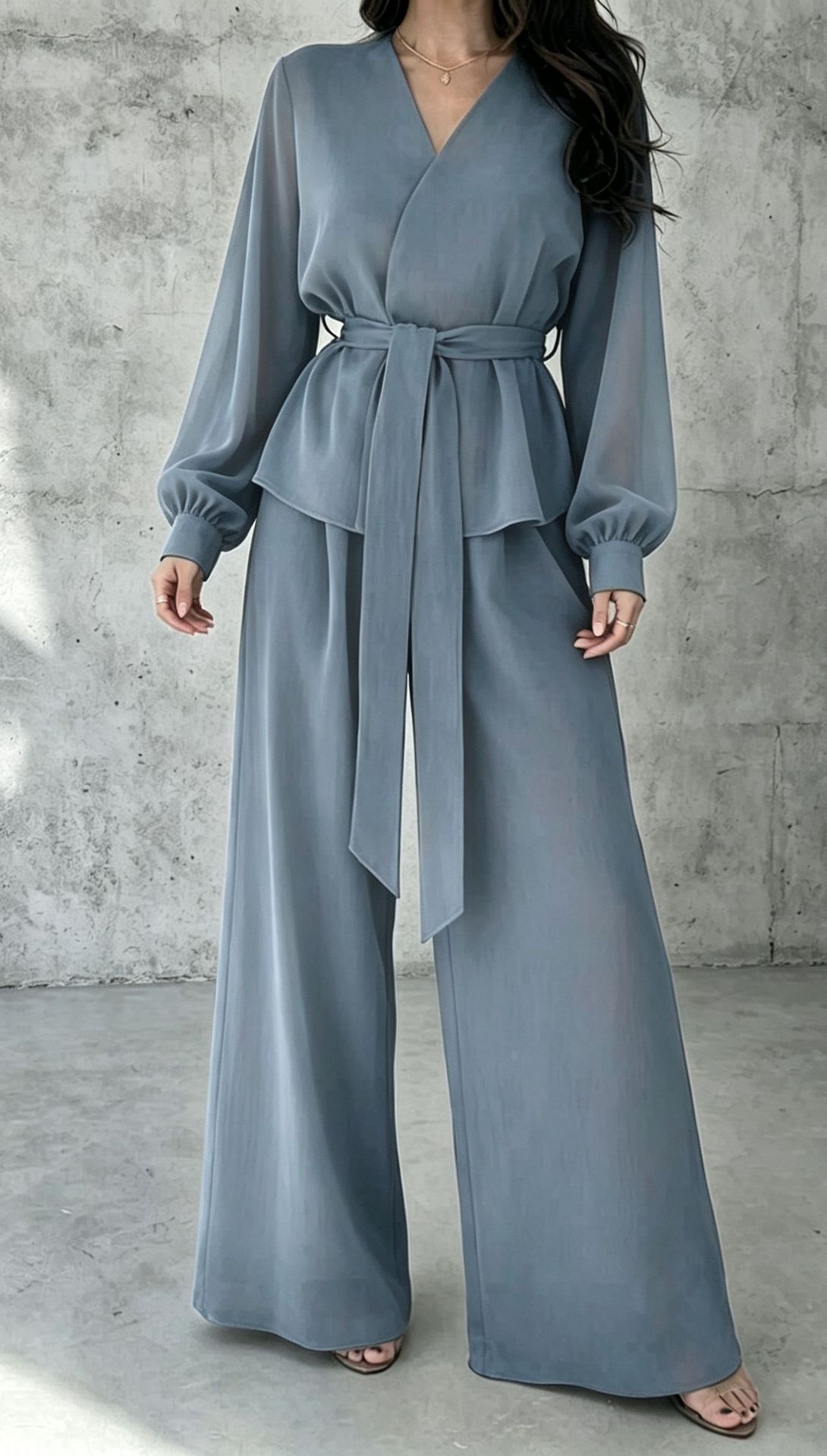 V-Neck Tie Long Sleeve Wide-Leg Pants Casual Two-Piece Set