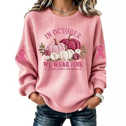 Ribbon Letter Print Crewneck Long Sleeve Waffle Sweatshirt for Women