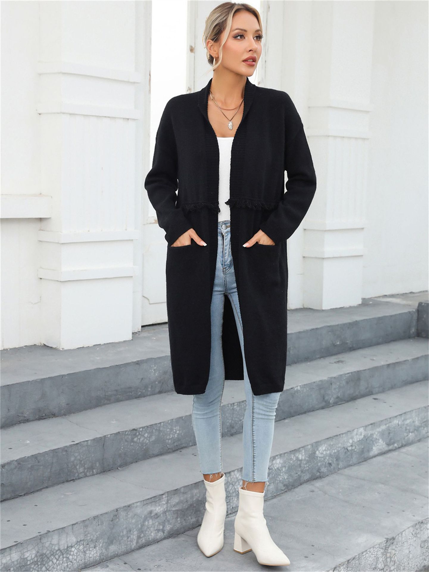 Women's Plus Size Long Fringe Cardigan Sweater with Pockets