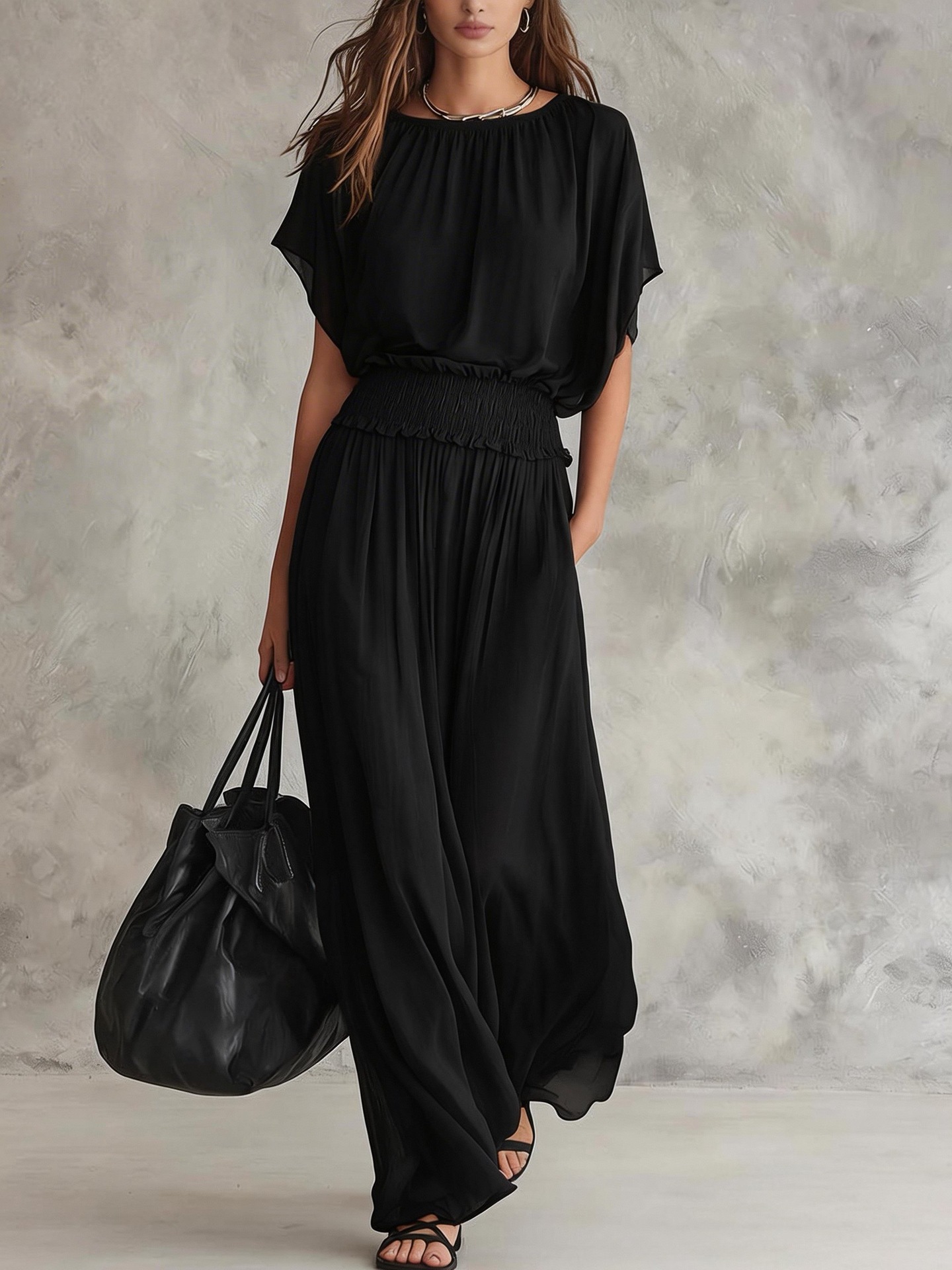 Chiffon Smocked Waist Long Dress