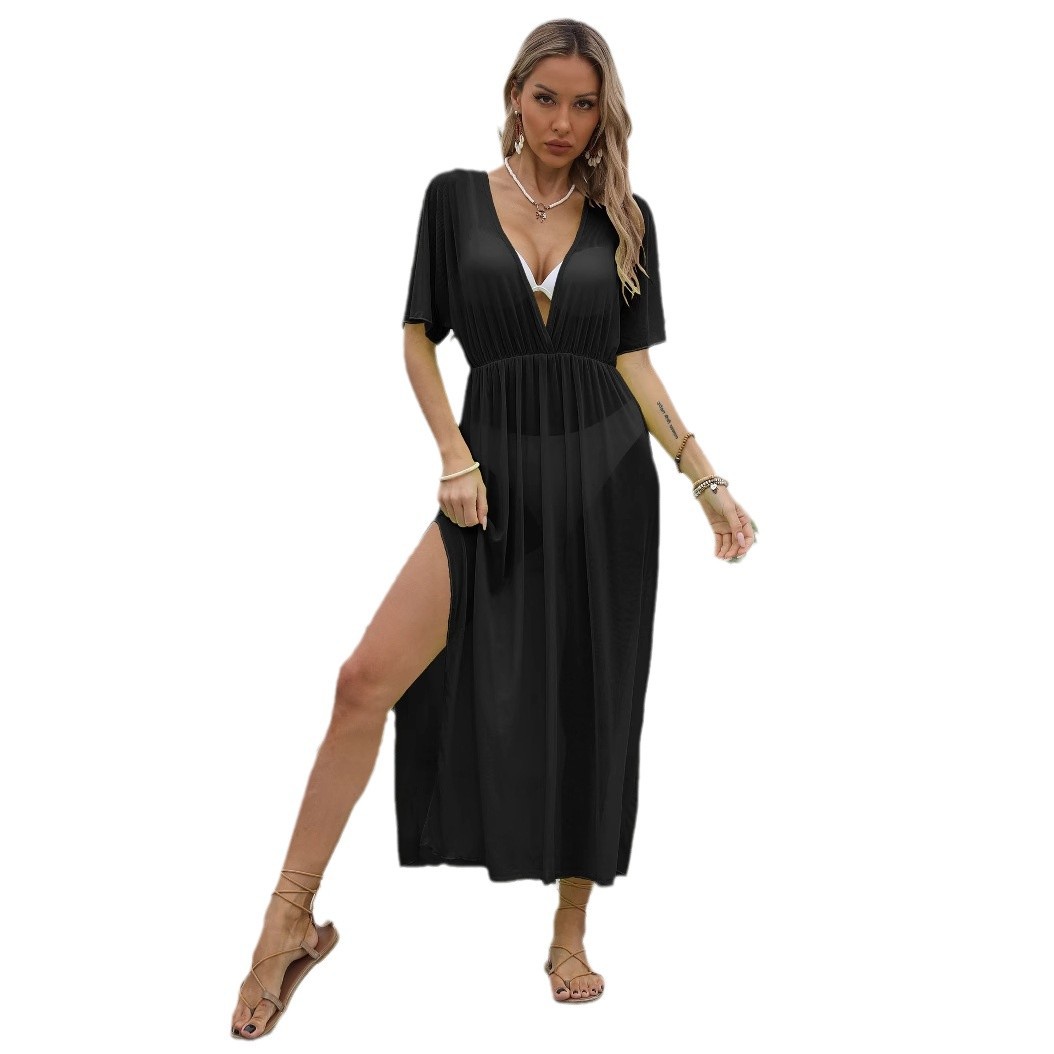 Women's Sheer Mesh V-Neck High Slit Beach Cover-Up Dress