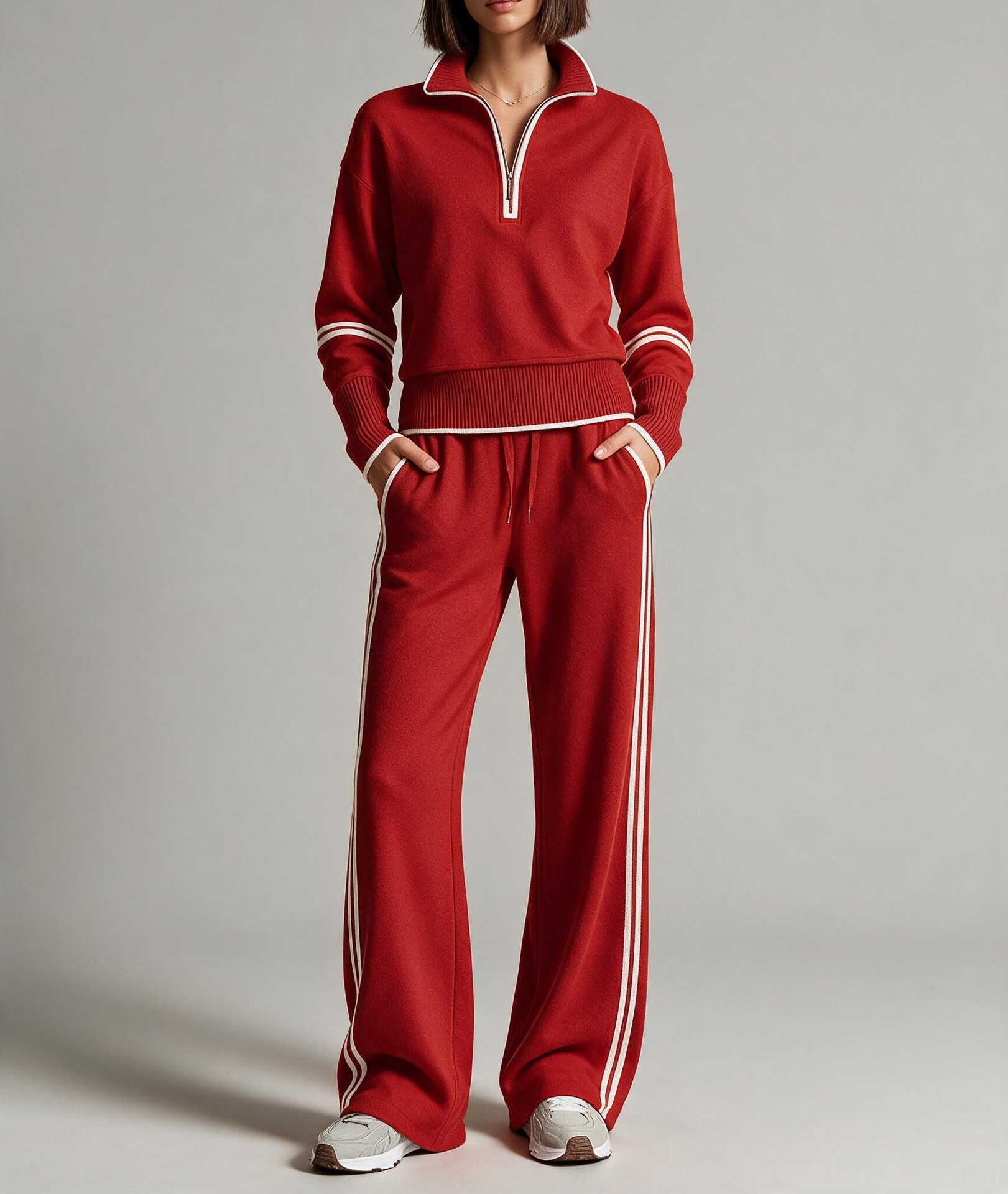Colorblock Stand Collar Hoodie & Wide-Leg Pants Two-Piece Set