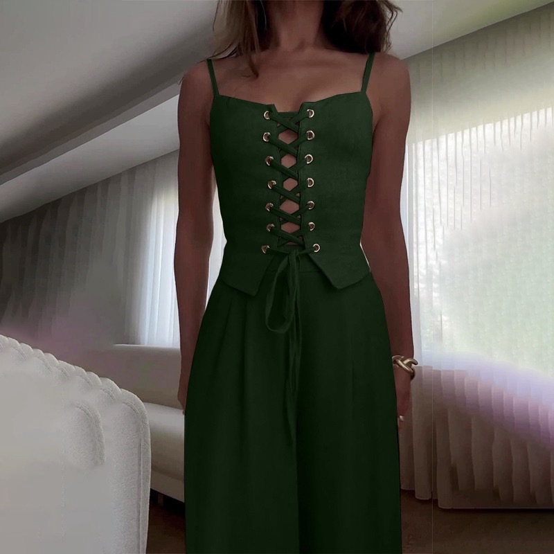 Sleeveless Cutout Lace-Up Top and Wide-Leg Pants Set